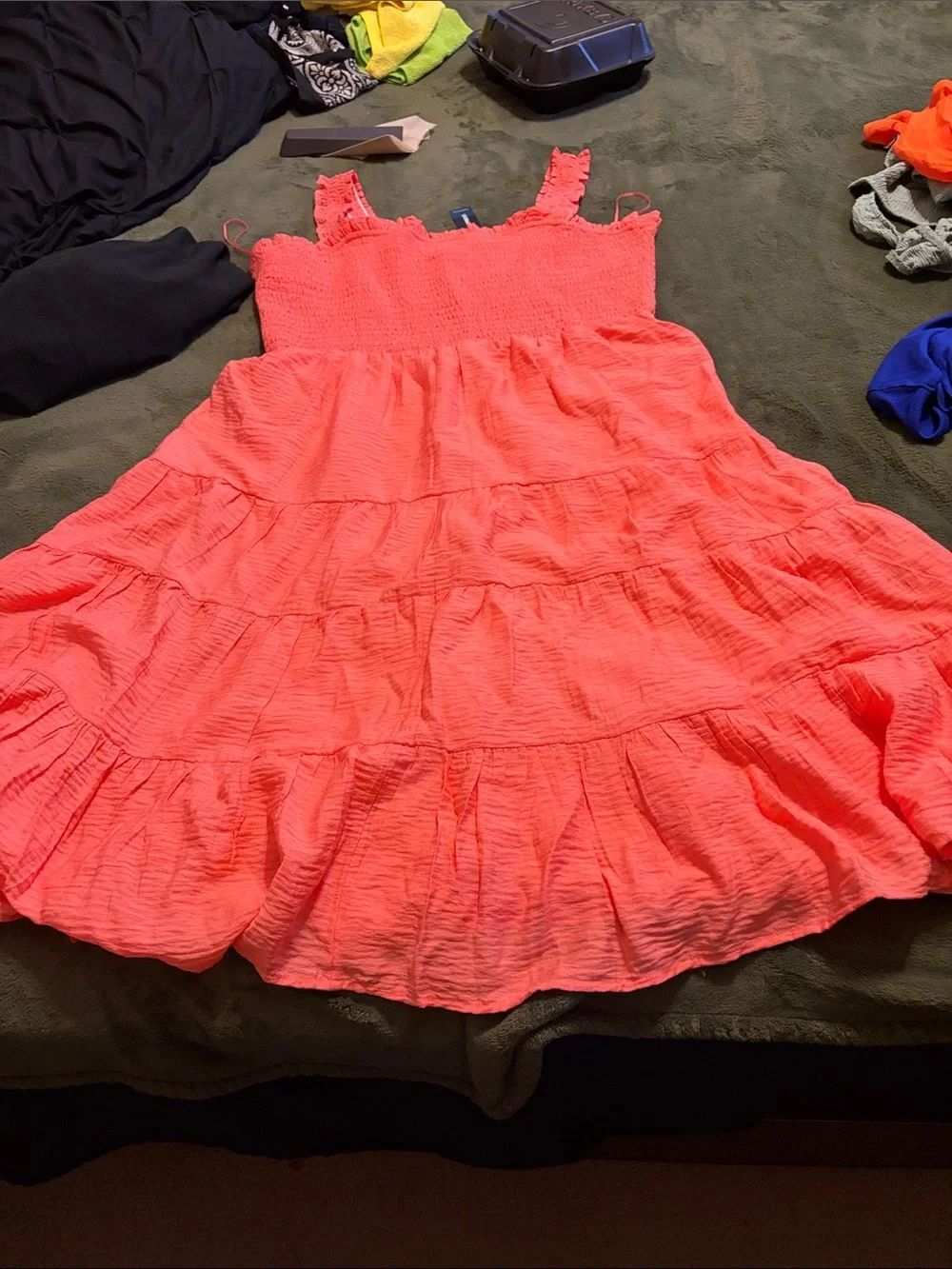 Express Neon Coral Tiered Midi Dress